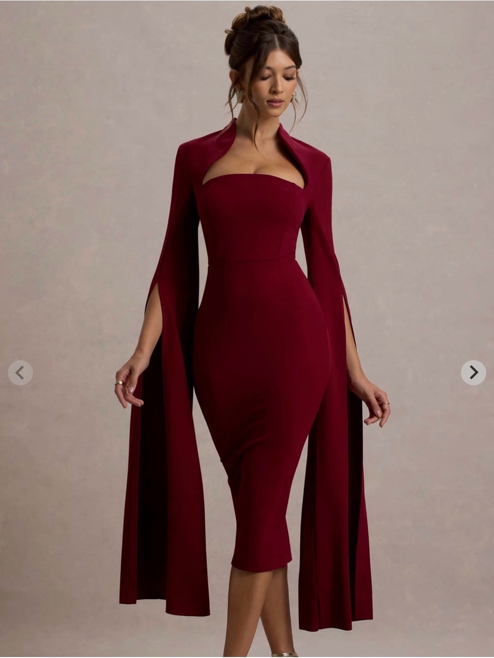 Elegant Burgundy Midi Sheath Dress with Cape Sleeves